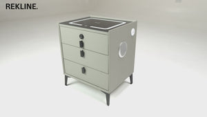 Small Grey 3 Drawer Faux Leather Bedside Table With Lights LED & Fingerprint Lock | Round Table Glass Top & Built-in Wireless Charger | Bluetooth Modern Nightstand + USBc & Speakers  | Florida