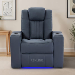 Home Cinema Chair in Blue Leather | Luxury for Gaming & Movie Theatre Seating | Power Recliner Chair with 8-Point Massage & Power Headrest | Capri by REKLINE