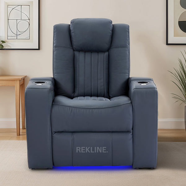 Home Cinema Chair in Blue Leather | Luxury for Gaming & Movie Theatre Seating | Power Recliner Chair with 8-Point Massage & Power Headrest | Capri by REKLINE