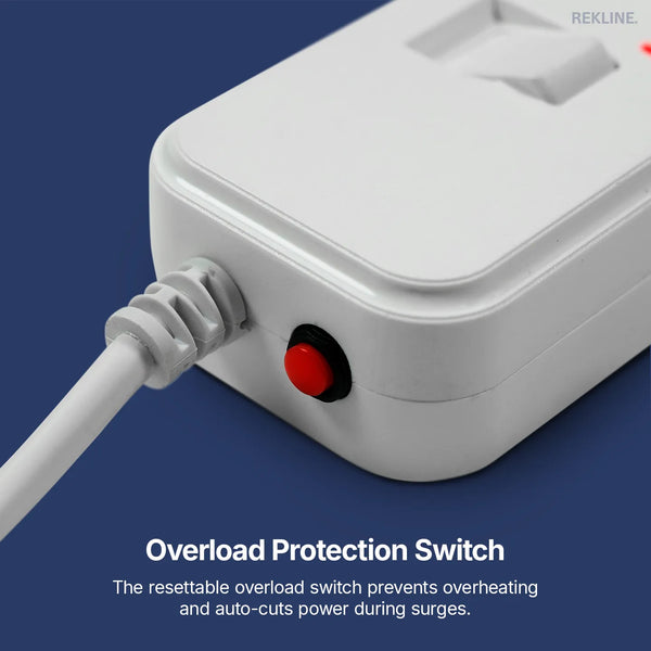 6 Socket Extension Lead With Safety Switch & Indicator Light | 13 Amp | 2m Cable Length | Wall Mount Design | by REKLINE