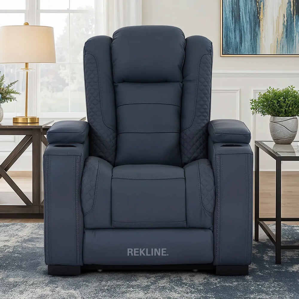 Home Cinema Chair in Blue Real Leather | Luxury for Gaming & Movie Theatre Seating | Electric Recliner with 8-Point Massage, Heated Seats & Power Headrests | Napoli by REKLINE