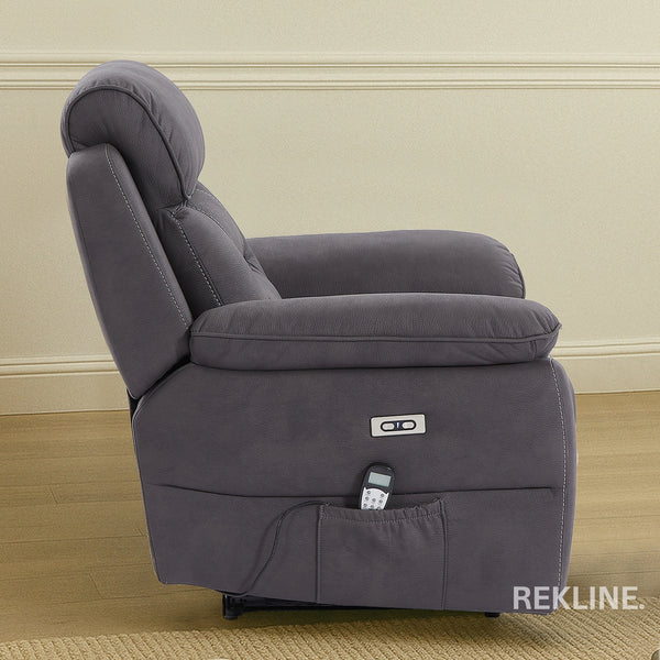 Electric Recliner Armchair in Grey Fabric | Movie & Home Cinema Chair with 8-Point Massage & Power Headrest | High-Back + Padded Lumbar | Florence by REKLINE