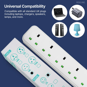6 Socket Extension Lead With Safety Switch & Indicator Light | 13 Amp | 2m Cable Length | Wall Mount Design | by REKLINE