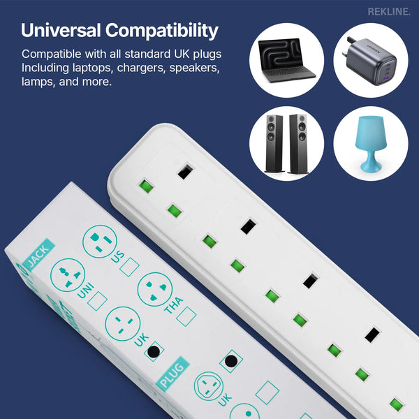 6 Socket Extension Lead With Safety Switch & Indicator Light | 13 Amp | 2m Cable Length | Wall Mount Design | by REKLINE