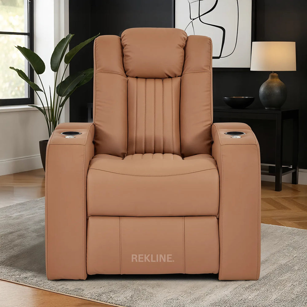 Home Cinema Chair in Tan Real Leather | Luxury for Gaming & Movie Theatre Seating | Electric Recliner with 8-Point Massage & Power Headrest | Capri by REKLINE