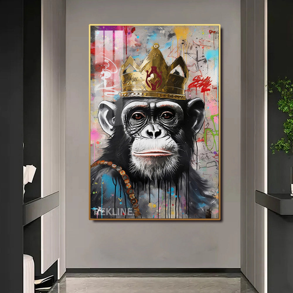Chimpanzee wearing a golden crown against a graffiti background, glowing with LED light on canvas