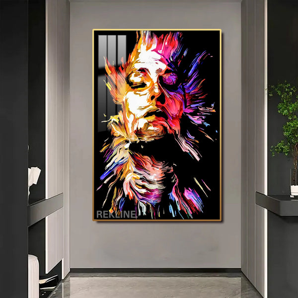 LED-Enhanced Abstract Woman’s Portrait Canvas | 100×150 cm Crystal-Porcelain Painting, Gold / Black Frame | Rekline