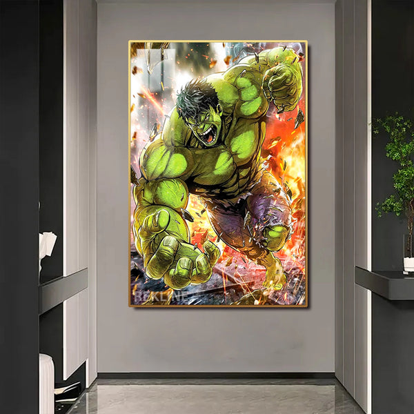 Incredible Hulk LED Canvas | Hulk Painting | 100×150 cm LED-Illuminated Crystal-Porcelain, Gold/Black Frame | Rekline