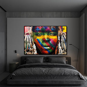 LED-Enhanced African Woman Portrait Canvas | Horizontal LED Canvas 150×100 cm | Crystal-Porcelain Horizontal Painting, Gold / Black Frame | By REKLINE