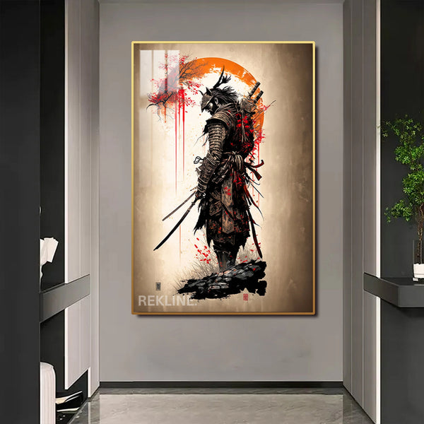 LED-Illuminated Samurai Warrior Canvas | 100×150 cm Crystal-Porcelain Painting, Gold / Black Frame | Rekline