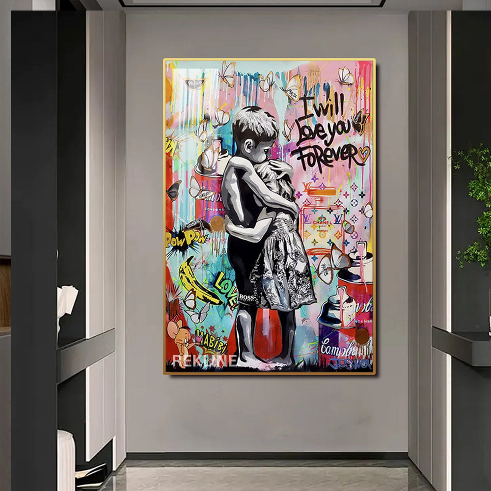 Two children hugging under “I Will Love You Forever” graffiti, illuminated by LED backlight
