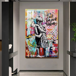 I Will Love You Forever LED Canvas | 100×150 cm LED-Illuminated Crystal-Porcelain Banksy Romantic Street Art Painting, Gold/Black Frame | Rekline