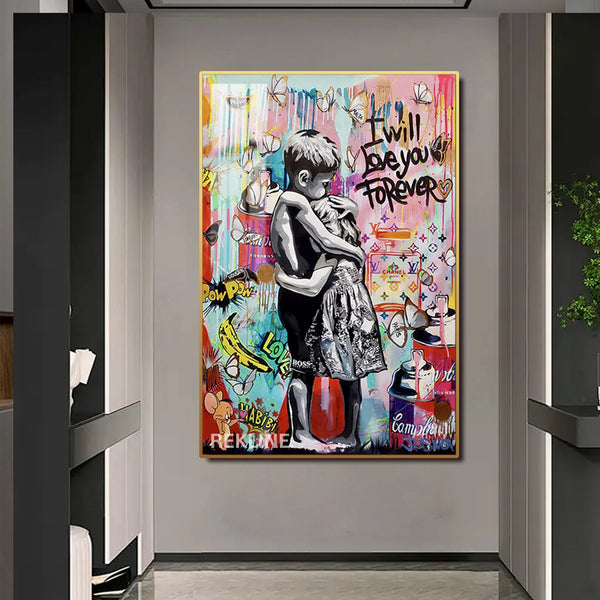 I Will Love You Forever LED Canvas | 100×150 cm LED-Illuminated Crystal-Porcelain Banksy Romantic Street Art Painting, Gold/Black Frame | Rekline
