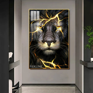 LED-Enhanced Colorful Lion Canvas | Thunder Black Lion Abstract Painting | Vertical LED Canvas 100×150 cm | Crystal-Porcelain, Gold / Black Frame | By REKLINE