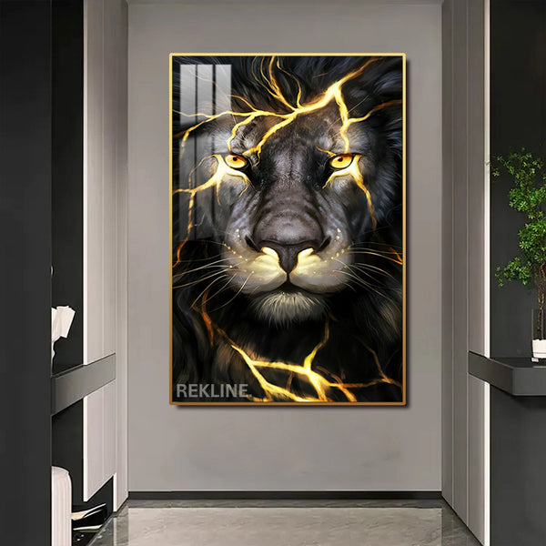 LED-Enhanced Colorful Lion Canvas | Thunder Black Lion Abstract Painting | Vertical LED Canvas 100×150 cm | Crystal-Porcelain, Gold / Black Frame | By REKLINE