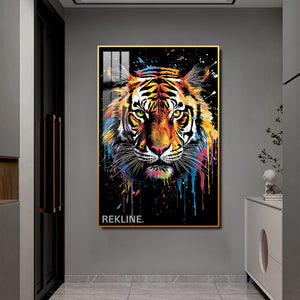 Vibrant Tiger LED Canvas | Tiger Face Painting | 100×150 cm LED-Illuminated Crystal-Porcelain, Gold/Black Frame | By REKLINE