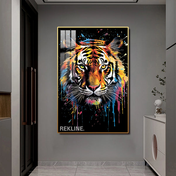 Vibrant Tiger LED Canvas | Tiger Face Painting | 100×150 cm LED-Illuminated Crystal-Porcelain, Gold/Black Frame | By REKLINE