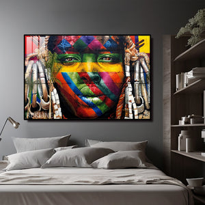 LED-Enhanced African Woman Portrait Canvas | Horizontal LED Canvas 150×100 cm | Crystal-Porcelain Horizontal Painting, Gold / Black Frame | By REKLINE