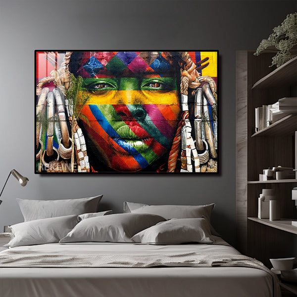 LED-Enhanced African Woman Portrait Canvas | Horizontal LED Canvas 150×100 cm | Crystal-Porcelain Horizontal Painting, Gold / Black Frame | By REKLINE