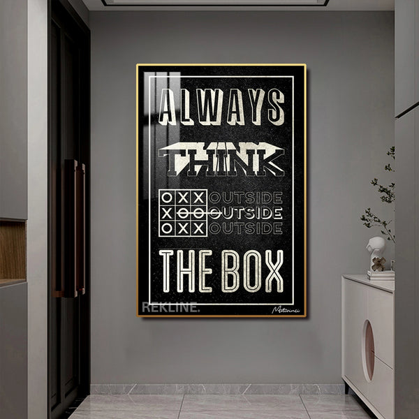 Think Outside The Box Canvas | Motivational Quotes Painting | 100×150 cm LED-Illuminated Crystal-Porcelain, Gold/Black Frame | By REKLINE