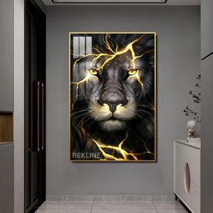 LED-Enhanced Colorful Lion Canvas | Thunder Black Lion Abstract Painting | Vertical LED Canvas 100×150 cm | Crystal-Porcelain, Gold / Black Frame | By REKLINE