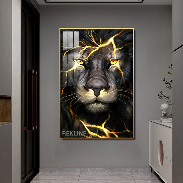 LED-Enhanced Colorful Lion Canvas | Thunder Black Lion Abstract Painting | Vertical LED Canvas 100×150 cm | Crystal-Porcelain, Gold / Black Frame | By REKLINE