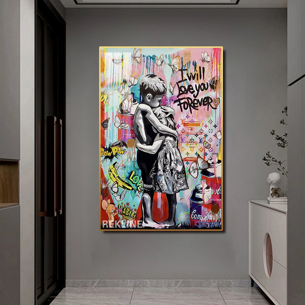 I Will Love You Forever LED Canvas | 100×150 cm LED-Illuminated Crystal-Porcelain Banksy Romantic Street Art Painting, Gold/Black Frame | Rekline