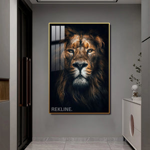 Majestic Lion LED Canvas | Lion Head Portrait | 100×150 cm | LED-Illuminated Crystal-Porcelain Lion Painting, Gold/Black Frame | By REKLINE