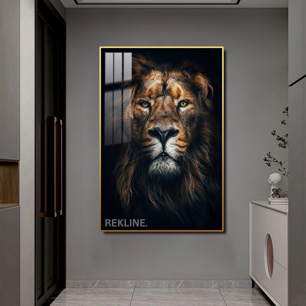 Majestic Lion LED Canvas | Lion Head Portrait | 100×150 cm | LED-Illuminated Crystal-Porcelain Lion Painting, Gold/Black Frame | By REKLINE