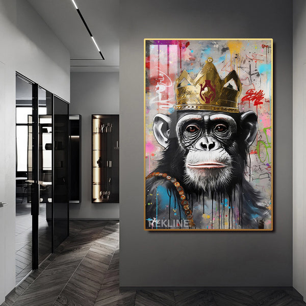 Royal Chimpanzee LED Canvas | Vertical Framed Monkey Pictures 100×150 cm | LED-Illuminated Crystal-Porcelain Chimpanzee Painting, Gold/Black Frame | By REKLINE