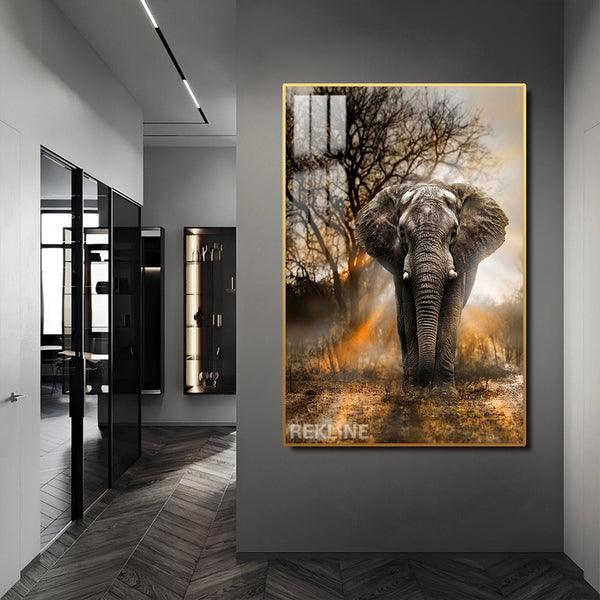 Elephant Canvas | 100×150 cm LED Wildlife Wall Art in Gold Frame | Bold Safari Statement for Modern Homes | By REKLINE