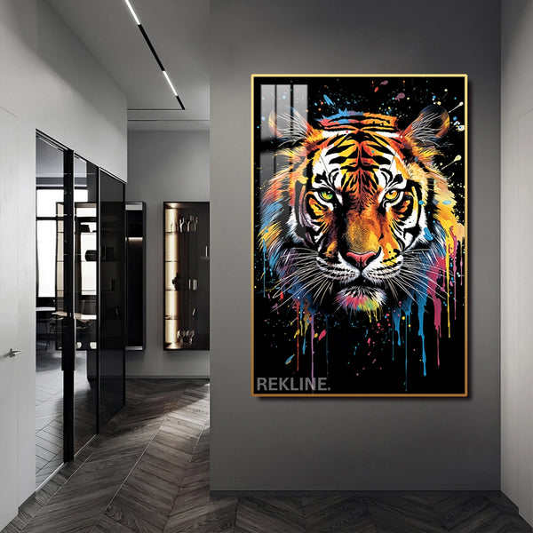 Vibrant Tiger LED Canvas | Tiger Face Painting | 100×150 cm LED-Illuminated Crystal-Porcelain, Gold/Black Frame | By REKLINE