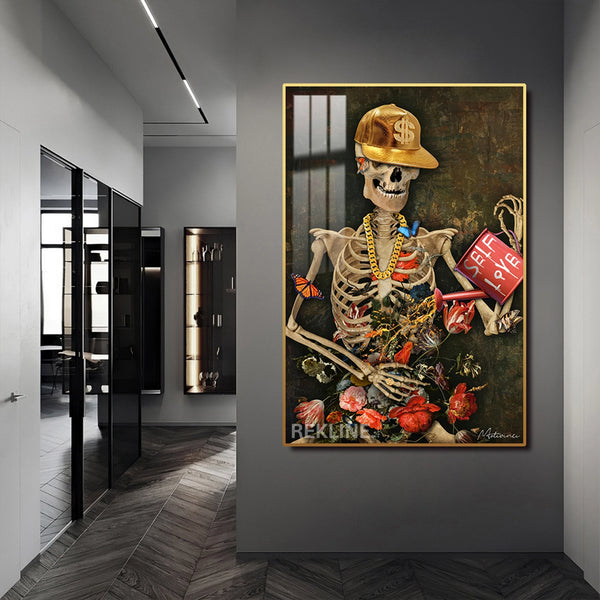 LED Skeleton Canvas Art | Self Love Skeleton Painting | 100×150 cm LED-Illuminated Crystal-Porcelain in Gold Frame | Rekline