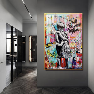 I Will Love You Forever LED Canvas | 100×150 cm LED-Illuminated Crystal-Porcelain Banksy Romantic Street Art Painting, Gold/Black Frame | Rekline