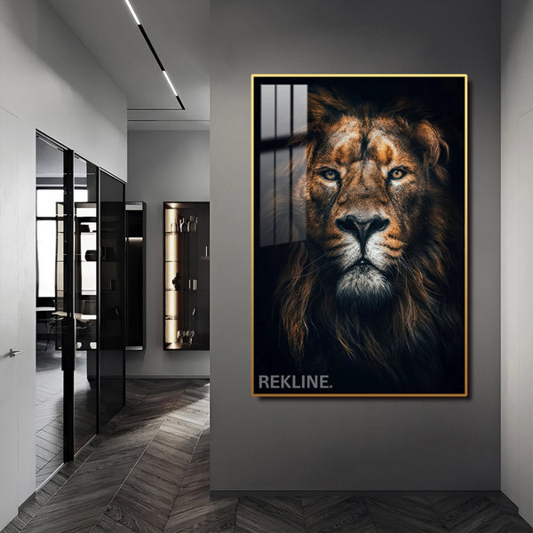 Majestic Lion LED Canvas | Lion Head Portrait | 100×150 cm | LED-Illuminated Crystal-Porcelain Lion Painting, Gold/Black Frame | By REKLINE
