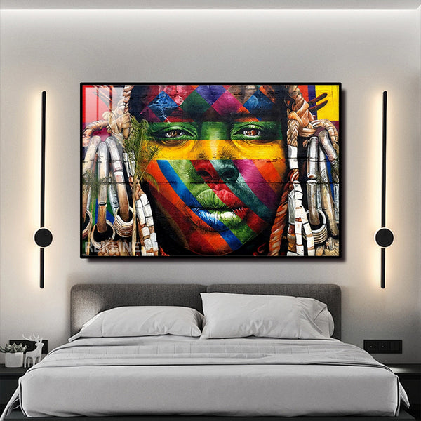 LED-Enhanced African Woman Portrait Canvas | Horizontal LED Canvas 150×100 cm | Crystal-Porcelain Horizontal Painting, Gold / Black Frame | By REKLINE
