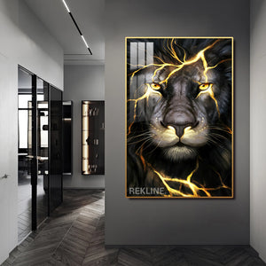 LED-Enhanced Colorful Lion Canvas | Thunder Black Lion Abstract Painting | Vertical LED Canvas 100×150 cm | Crystal-Porcelain, Gold / Black Frame | By REKLINE