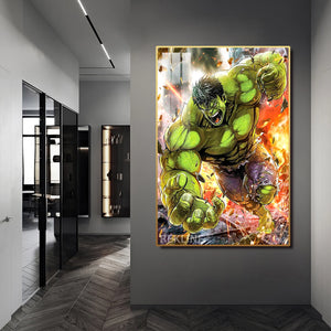 Incredible Hulk LED Canvas | Hulk Painting | 100×150 cm LED-Illuminated Crystal-Porcelain, Gold/Black Frame | Rekline