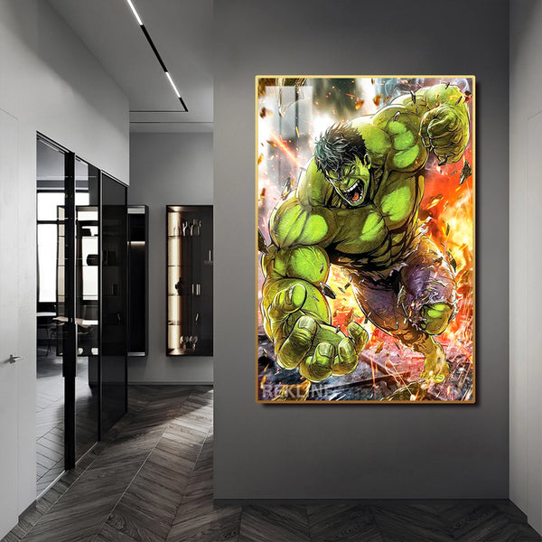 Incredible Hulk LED Canvas | Hulk Painting | 100×150 cm LED-Illuminated Crystal-Porcelain, Gold/Black Frame | Rekline
