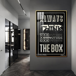 Think Outside The Box Canvas | Motivational Quotes Painting | 100×150 cm LED-Illuminated Crystal-Porcelain, Gold/Black Frame | By REKLINE
