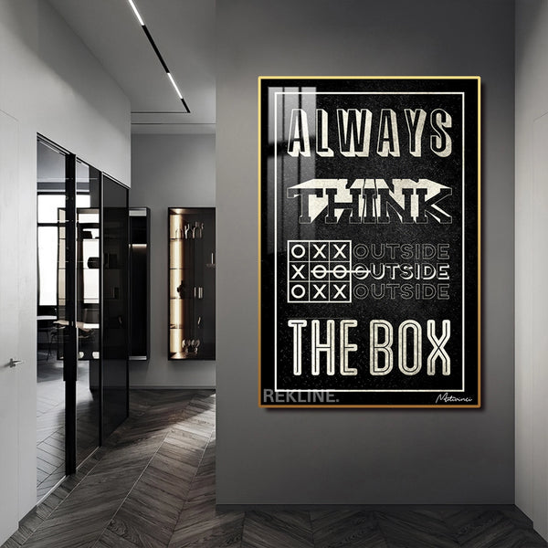 Think Outside The Box Canvas | Motivational Quotes Painting | 100×150 cm LED-Illuminated Crystal-Porcelain, Gold/Black Frame | By REKLINE
