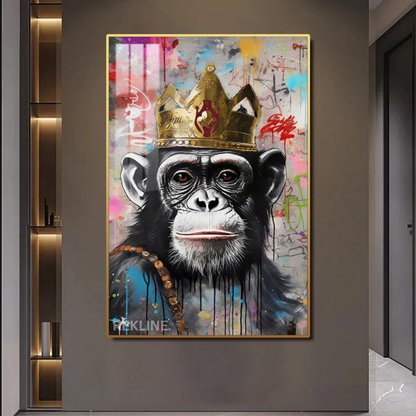 Royal Chimpanzee LED Canvas | Vertical Framed Monkey Pictures 100×150 cm | LED-Illuminated Crystal-Porcelain Chimpanzee Painting, Gold/Black Frame | By REKLINE