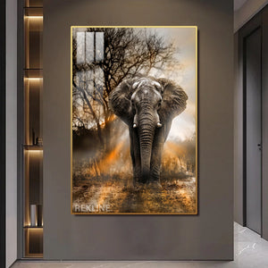 Elephant Canvas | 100×150 cm LED Wildlife Wall Art in Gold Frame | Bold Safari Statement for Modern Homes | By REKLINE