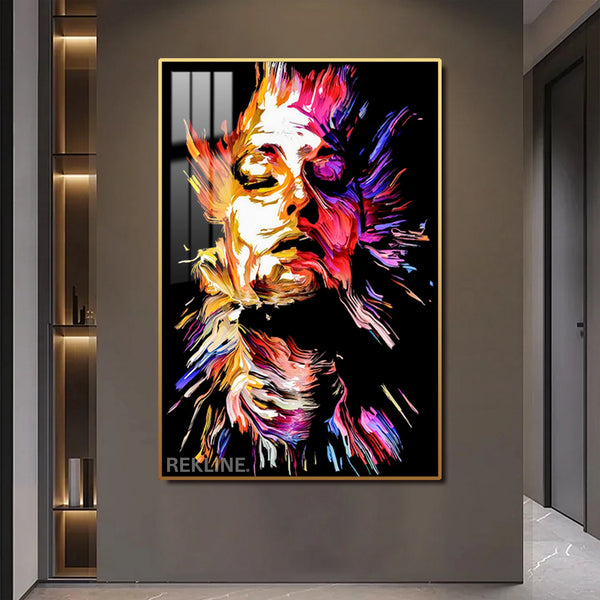 LED-Enhanced Abstract Woman’s Portrait Canvas | 100×150 cm Crystal-Porcelain Painting, Gold / Black Frame | Rekline