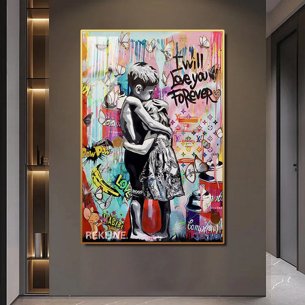 I Will Love You Forever LED Canvas | 100×150 cm LED-Illuminated Crystal-Porcelain Banksy Romantic Street Art Painting, Gold/Black Frame | Rekline