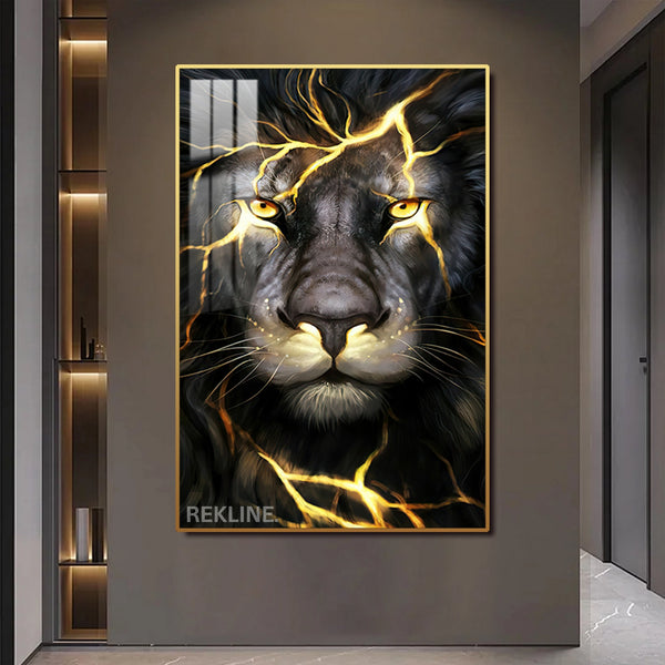 LED-Enhanced Colorful Lion Canvas | Thunder Black Lion Abstract Painting | Vertical LED Canvas 100×150 cm | Crystal-Porcelain, Gold / Black Frame | By REKLINE