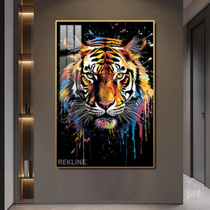 Vibrant Tiger LED Canvas | Tiger Face Painting | 100×150 cm LED-Illuminated Crystal-Porcelain, Gold/Black Frame | By REKLINE