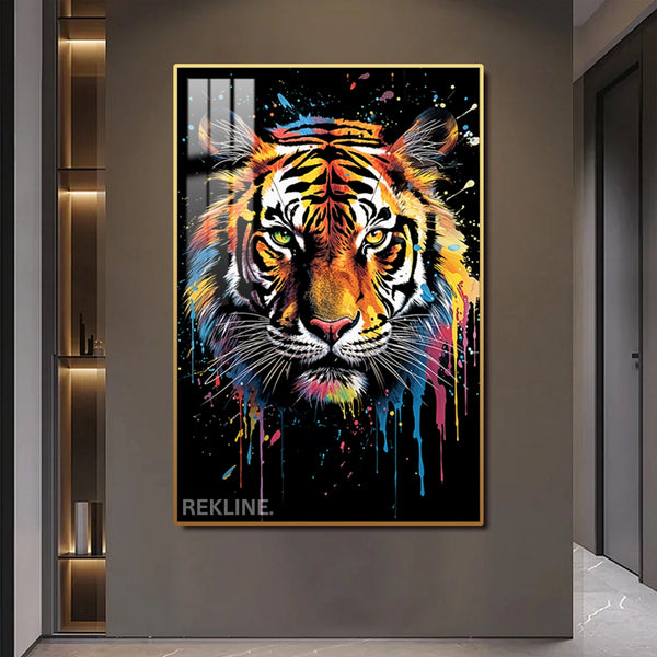 Vibrant Tiger LED Canvas | Tiger Face Painting | 100×150 cm LED-Illuminated Crystal-Porcelain, Gold/Black Frame | By REKLINE