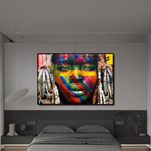 LED-Enhanced African Woman Portrait Canvas | Horizontal LED Canvas 150×100 cm | Crystal-Porcelain Horizontal Painting, Gold / Black Frame | By REKLINE