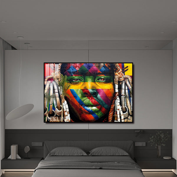 LED-Enhanced African Woman Portrait Canvas | Horizontal LED Canvas 150×100 cm | Crystal-Porcelain Horizontal Painting, Gold / Black Frame | By REKLINE